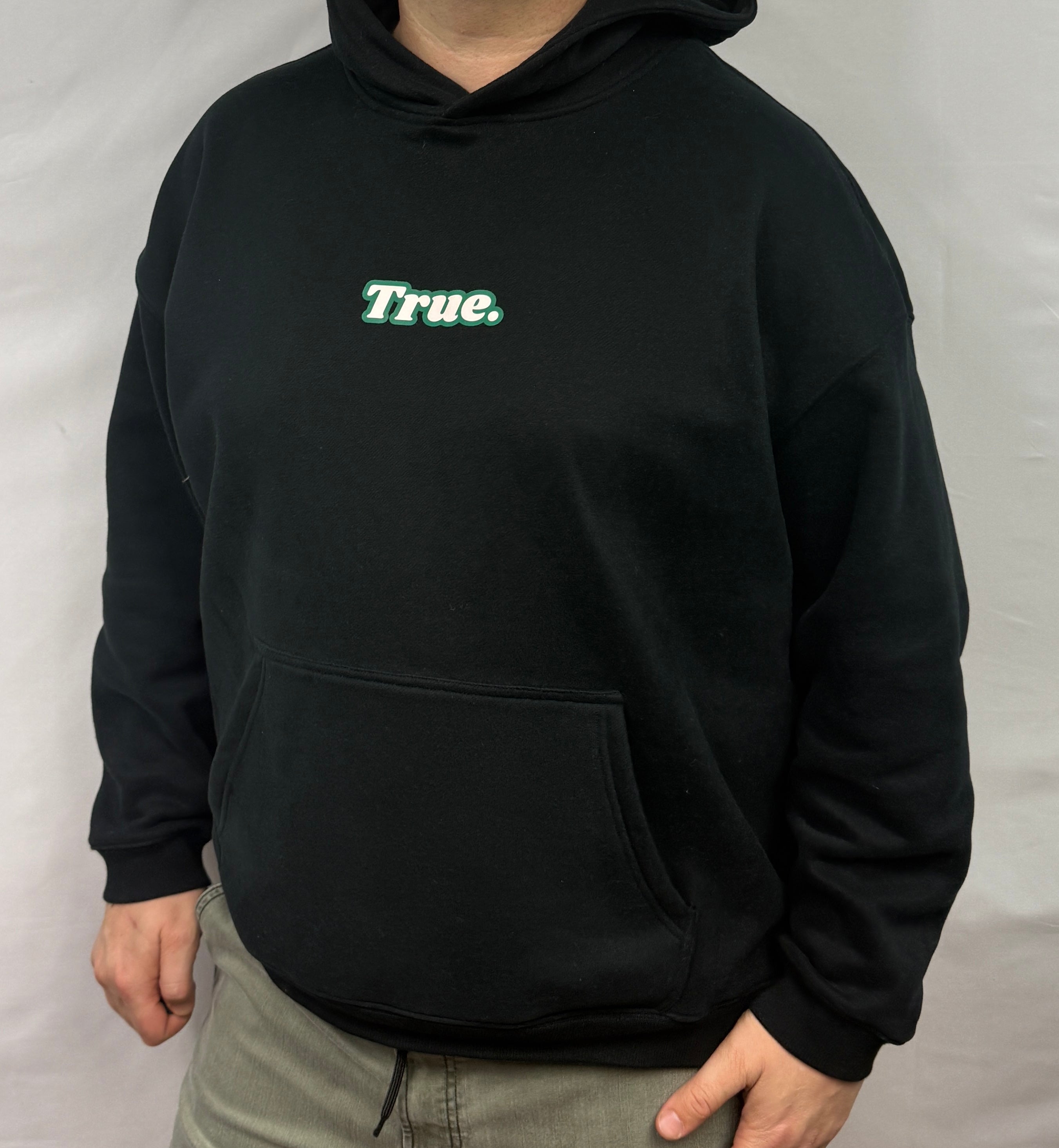 Oversized Black Fleece Unisex Hoodie with Green and White True. Design