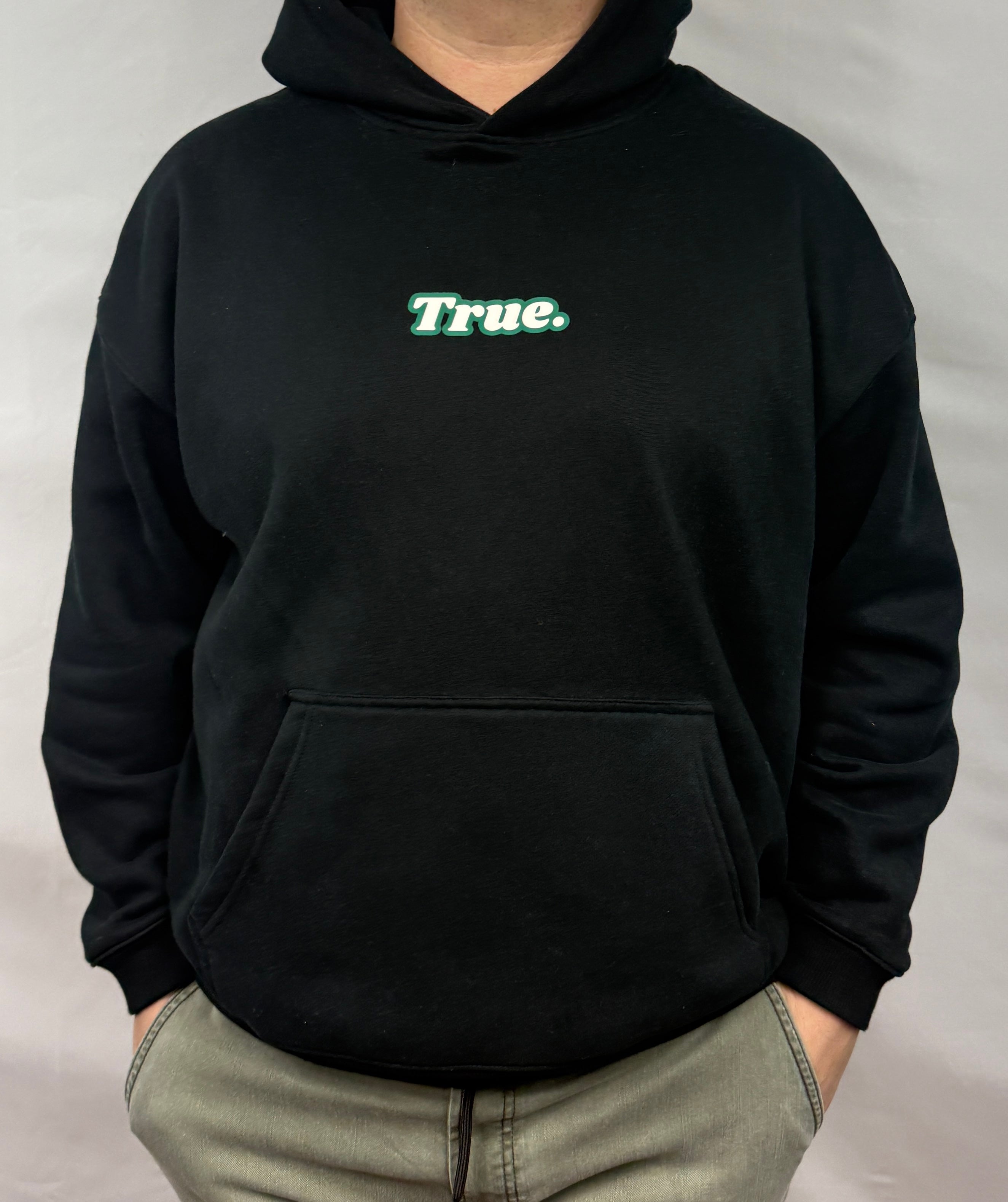 Oversized Black Fleece Unisex Hoodie with Green and White True. Design