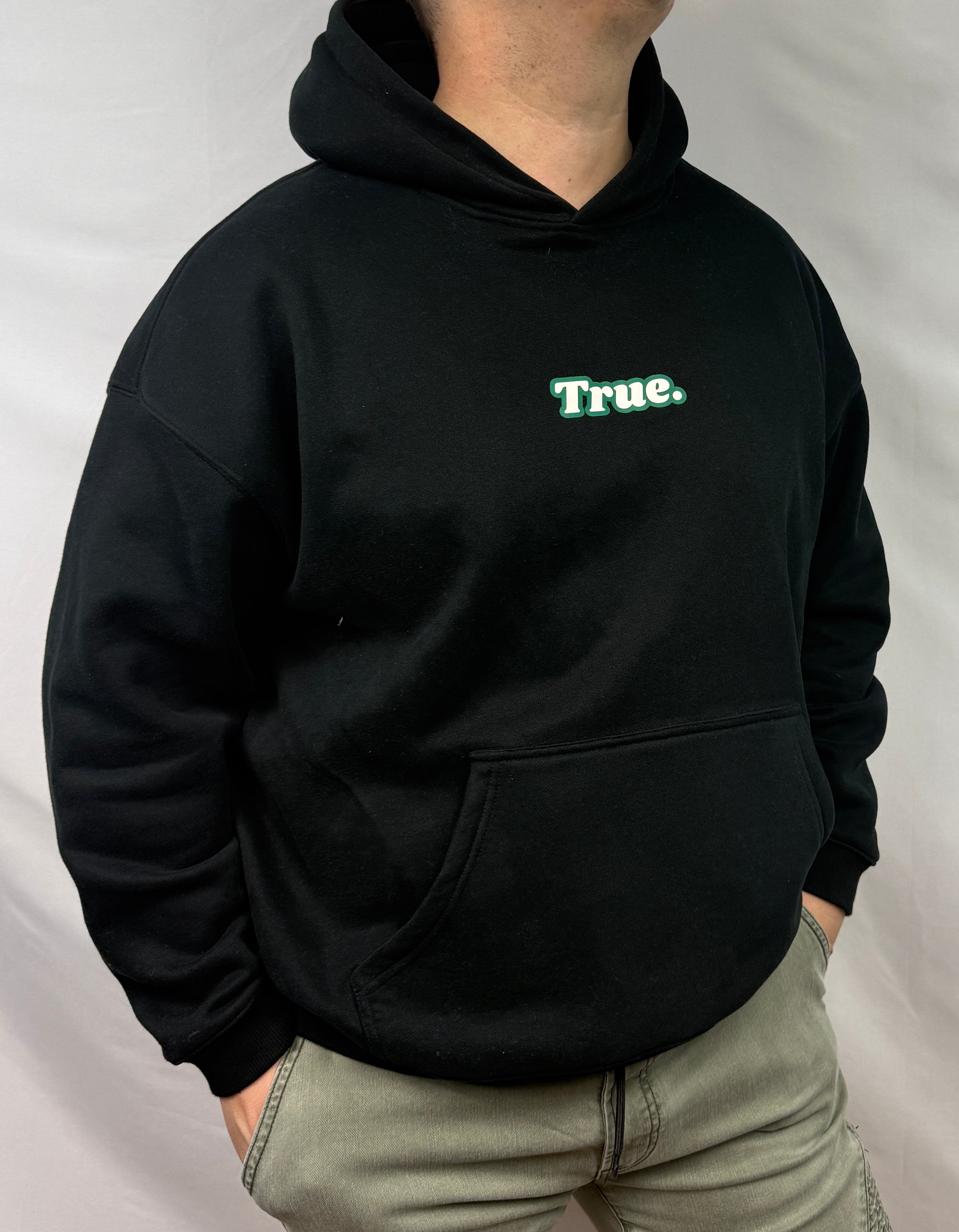 Oversized Black Fleece Unisex Hoodie with Green and White True. Design