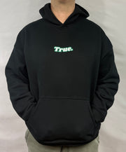 Oversized Black Fleece Unisex Hoodie with Green and White True. Design