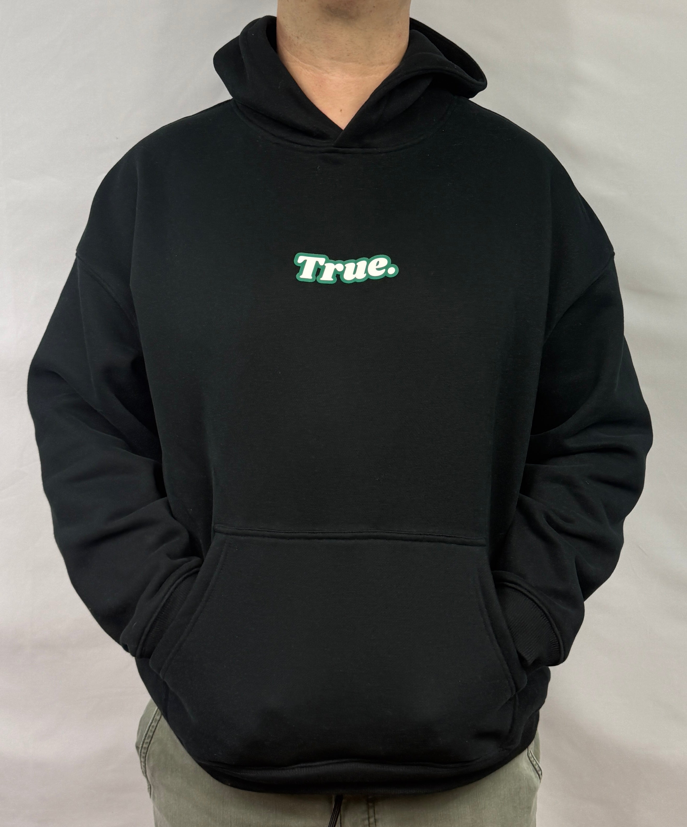 Oversized Black Fleece Unisex Hoodie with Green and White True. Design