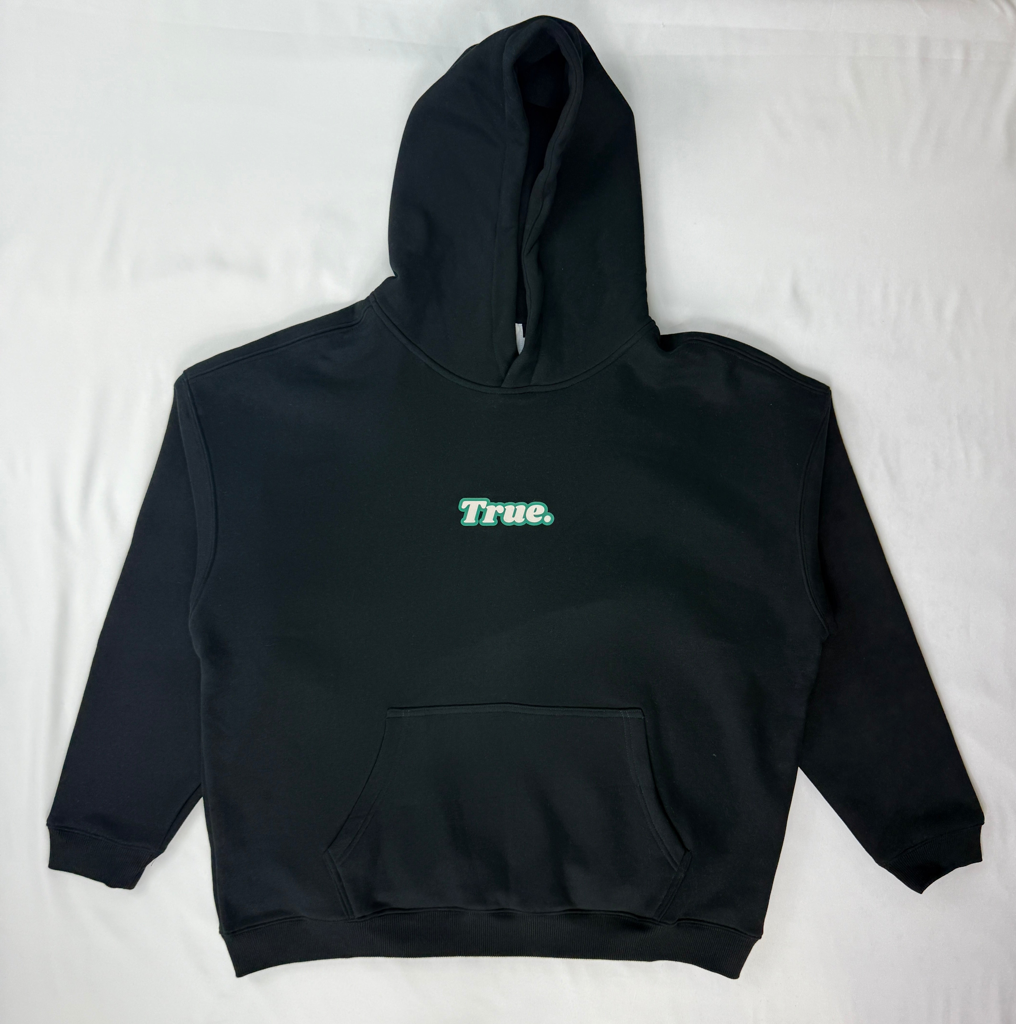 Oversized Black Fleece Unisex Hoodie with Green and White True. Design