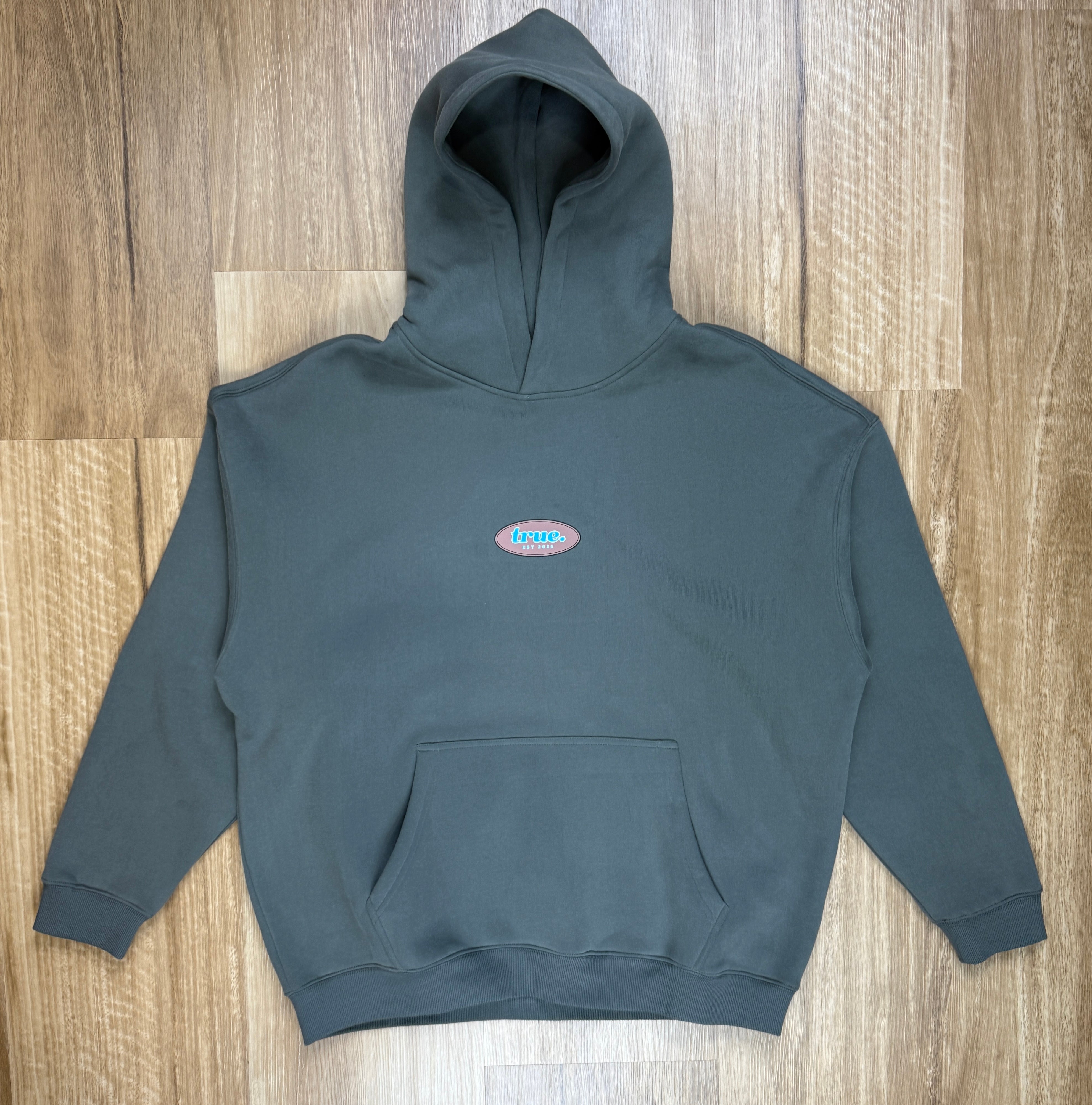 Oversized Grey Fleece Unisex Hoodie with Chocolate/Baby Blue True Retro Design