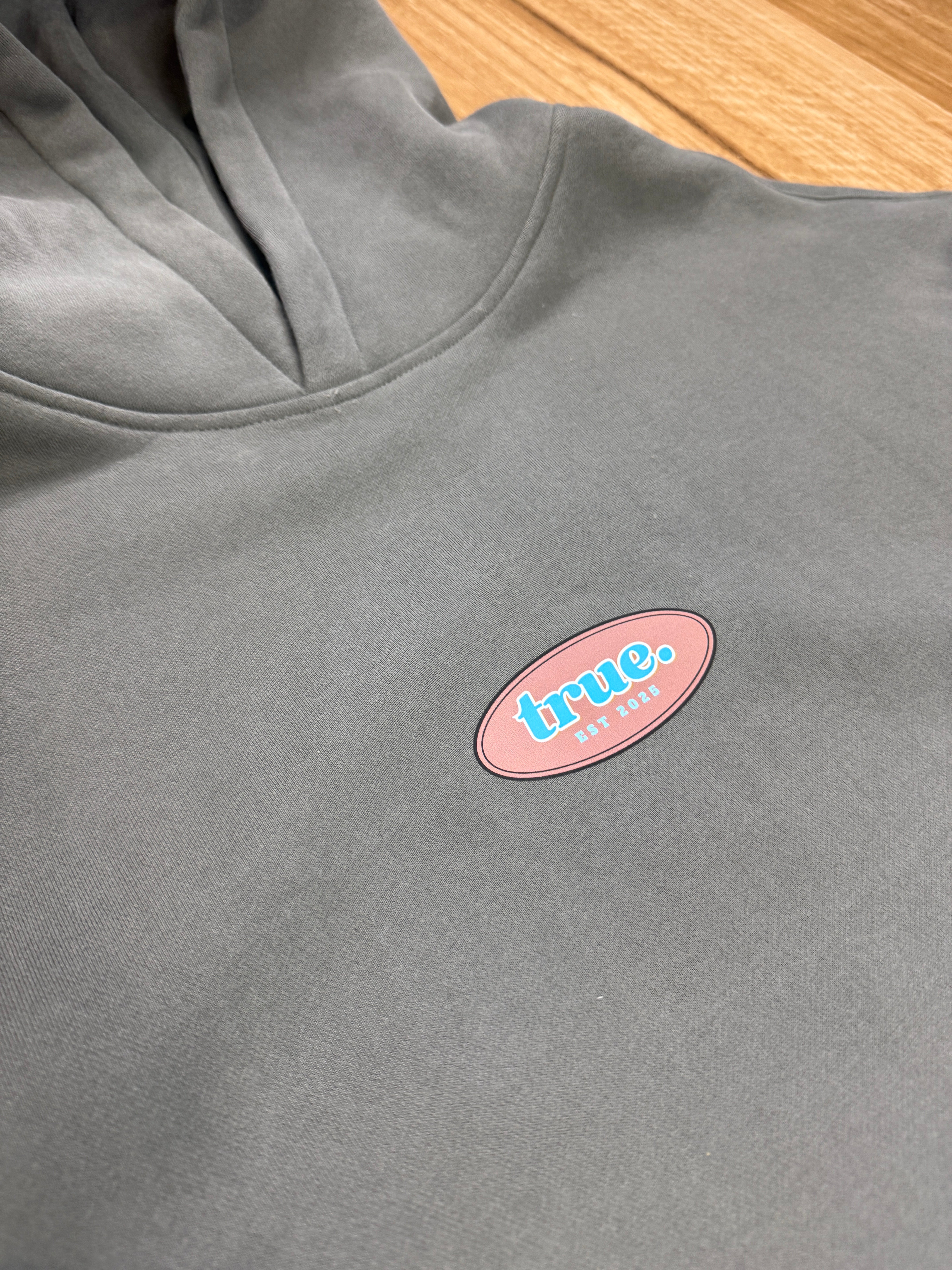Oversized Grey Fleece Unisex Hoodie with Chocolate/Baby Blue True Retro Design