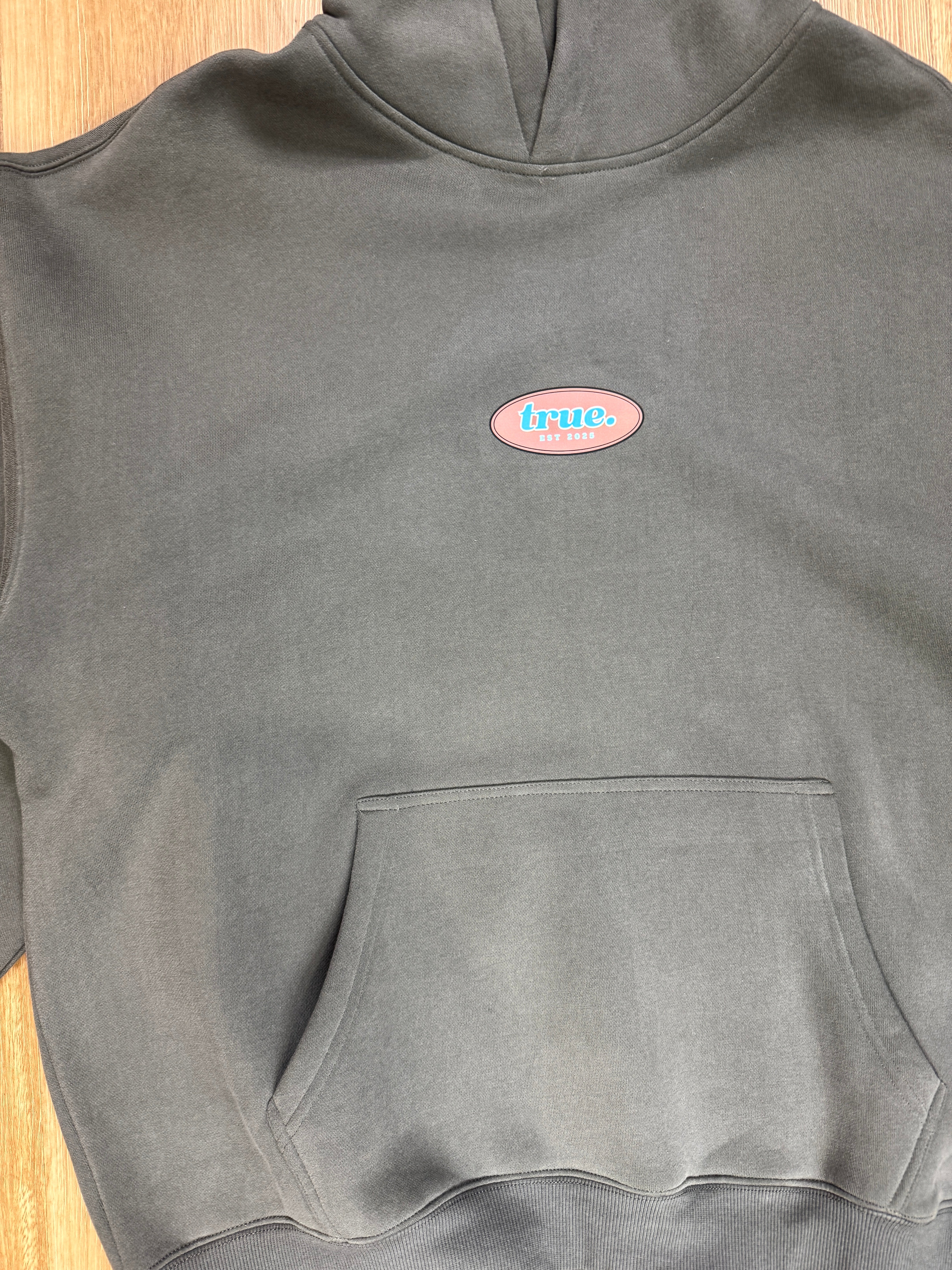 Oversized Grey Fleece Unisex Hoodie with Chocolate/Baby Blue True Retro Design