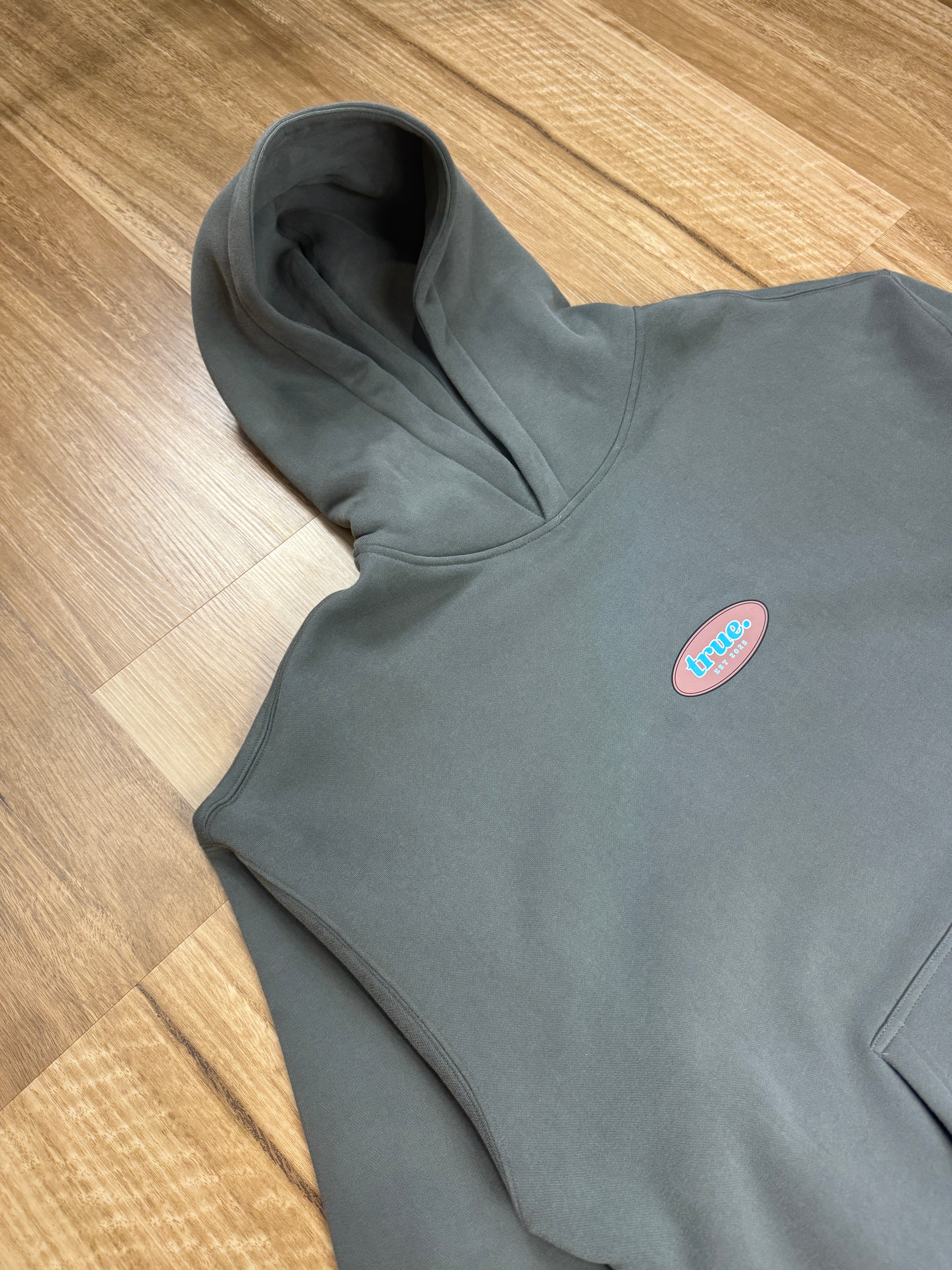 Oversized Grey Fleece Unisex Hoodie with Chocolate/Baby Blue True Retro Design