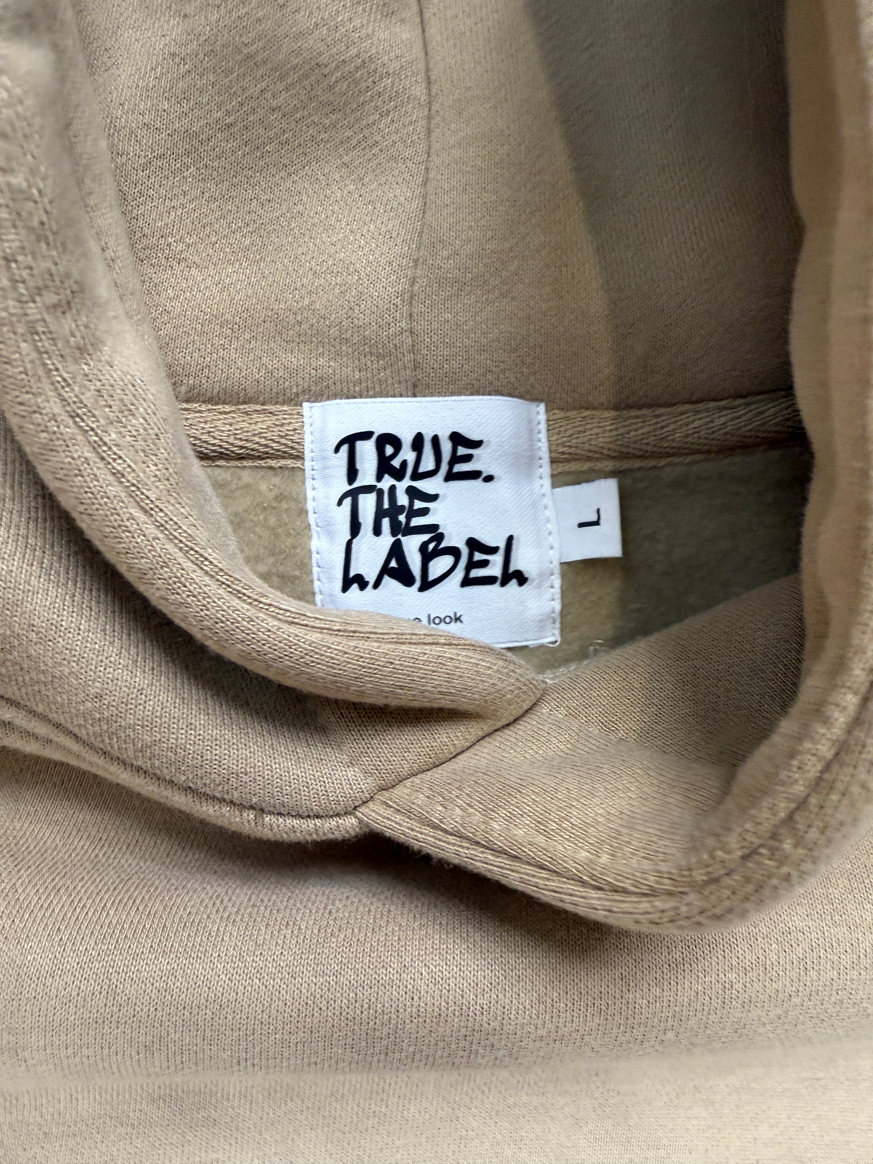 Oversized Sand Fleece Unisex Hoodie with Chocolate TRUE. Design