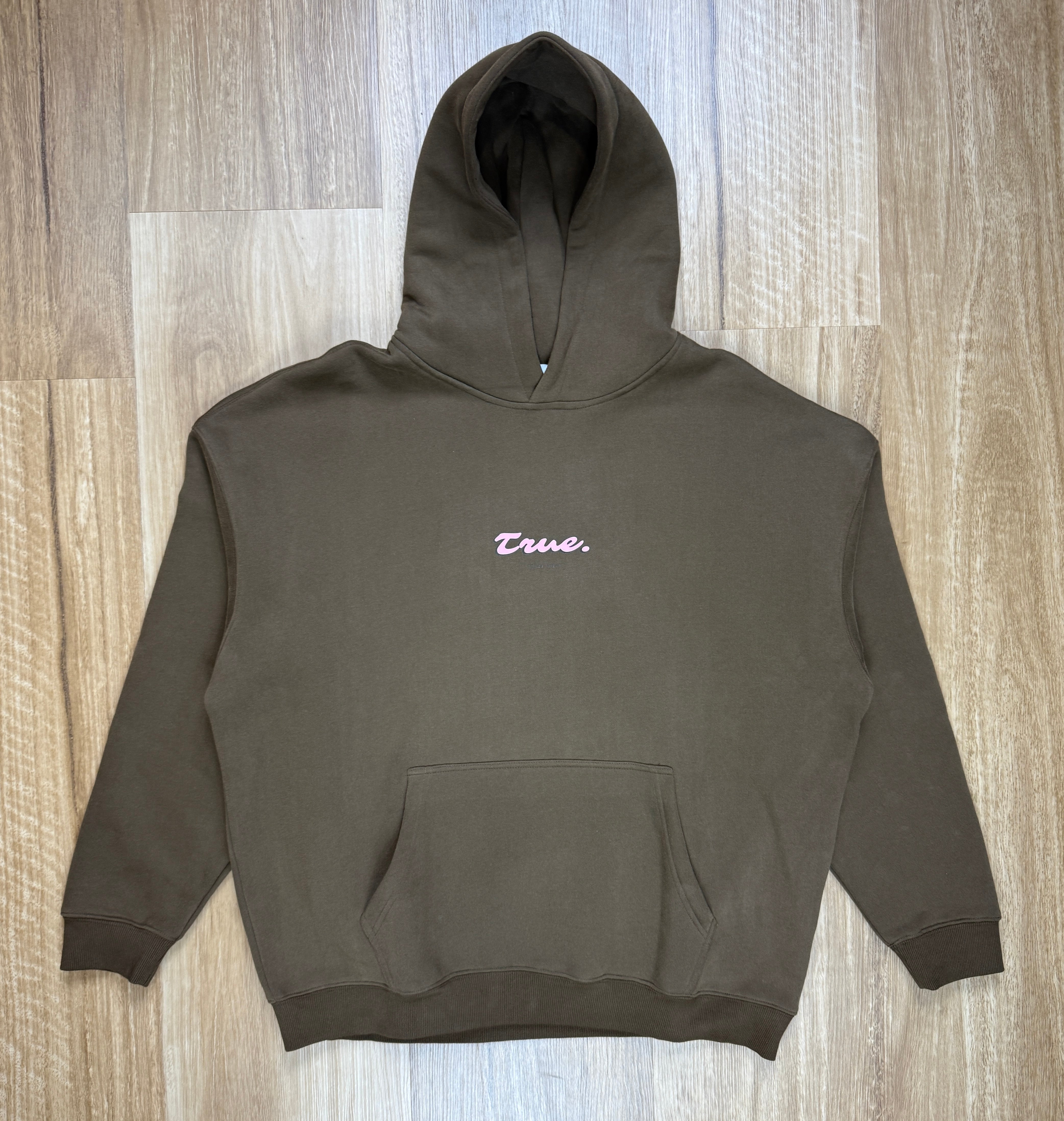 Oversized Coffee Fleece Unisex Hoodie with Bright Pink True. Streetwear Design