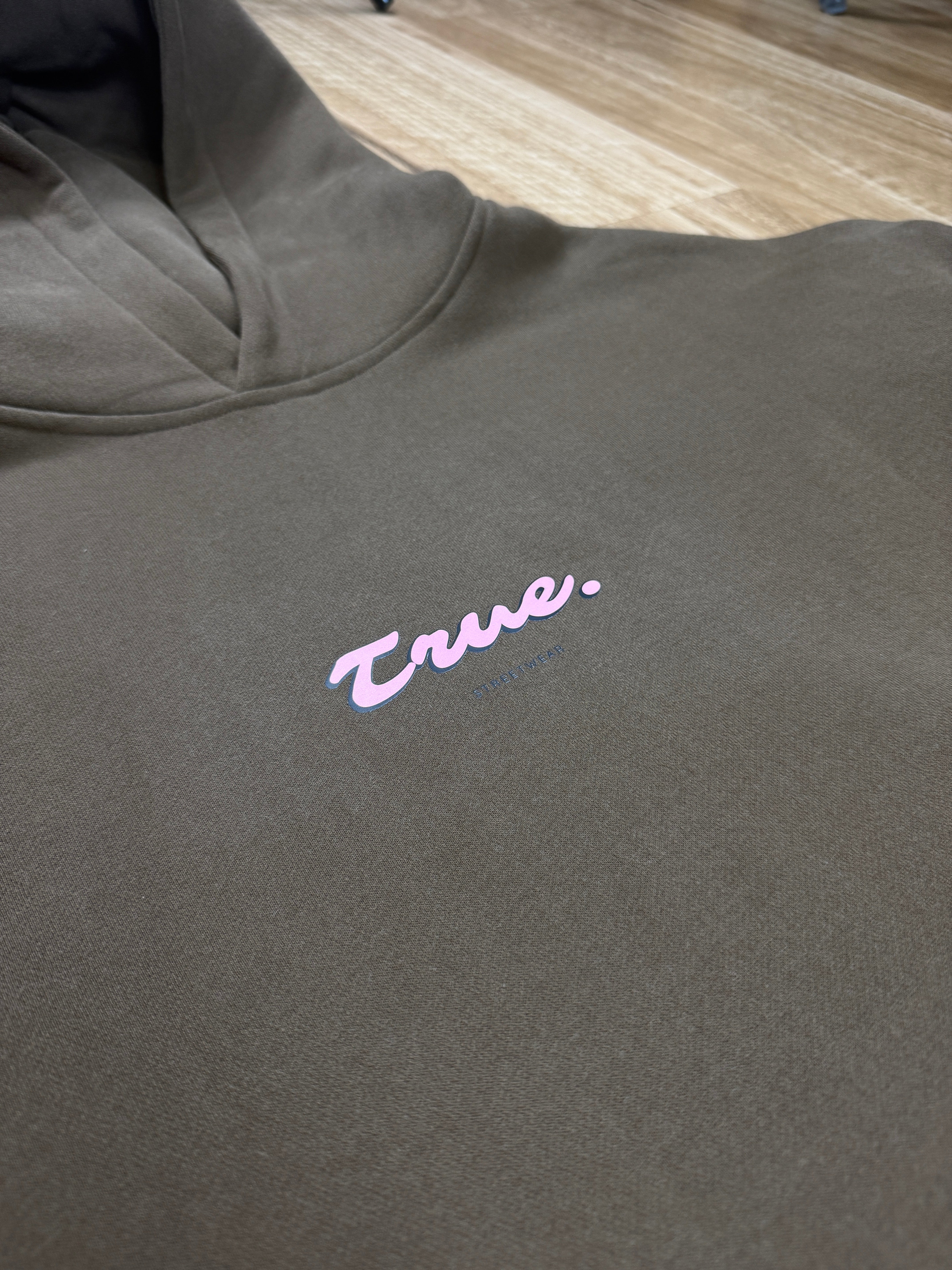 Oversized Coffee Fleece Unisex Hoodie with Bright Pink True. Streetwear Design