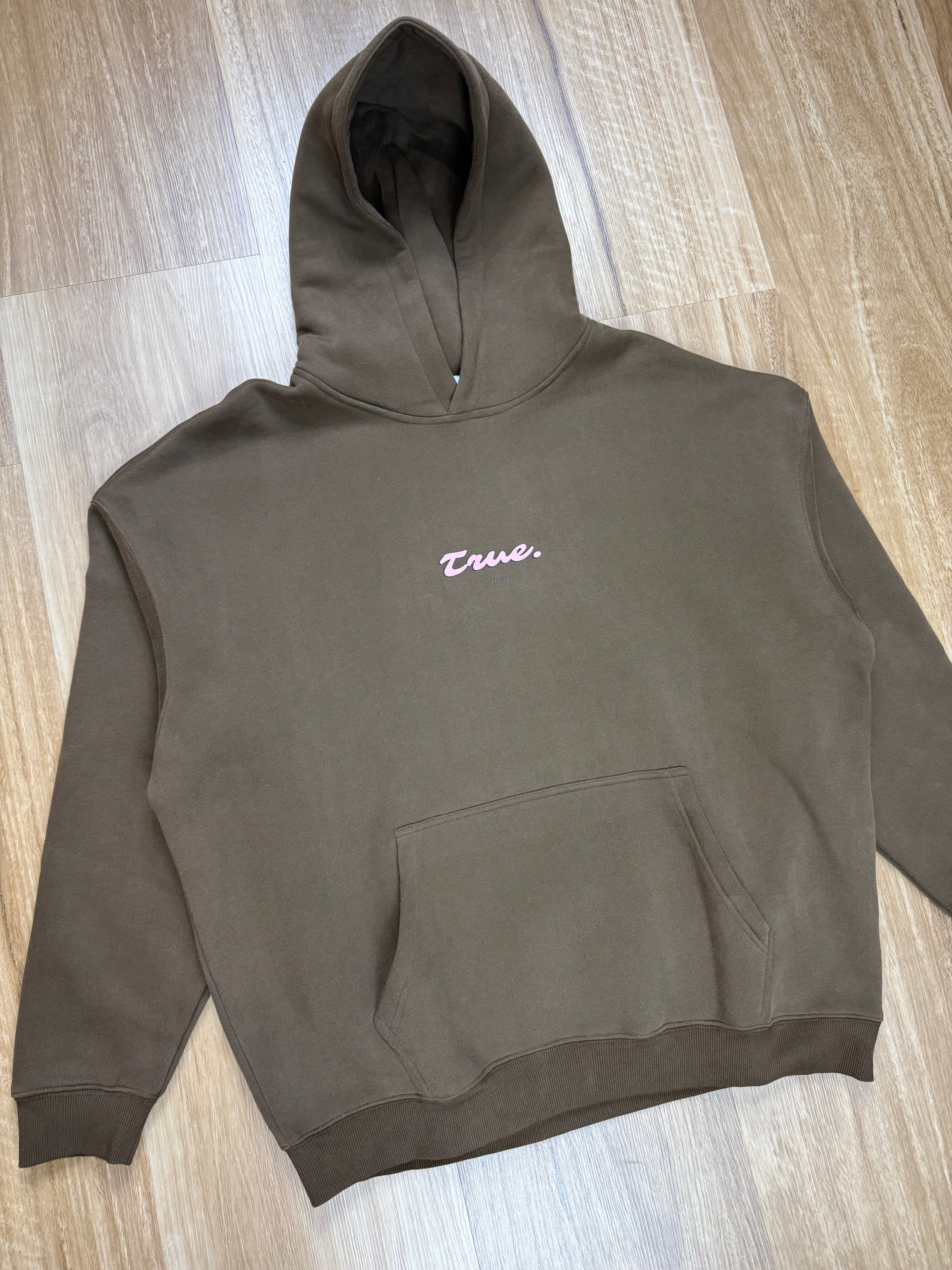 Oversized Coffee Fleece Unisex Hoodie with Bright Pink True. Streetwear Design