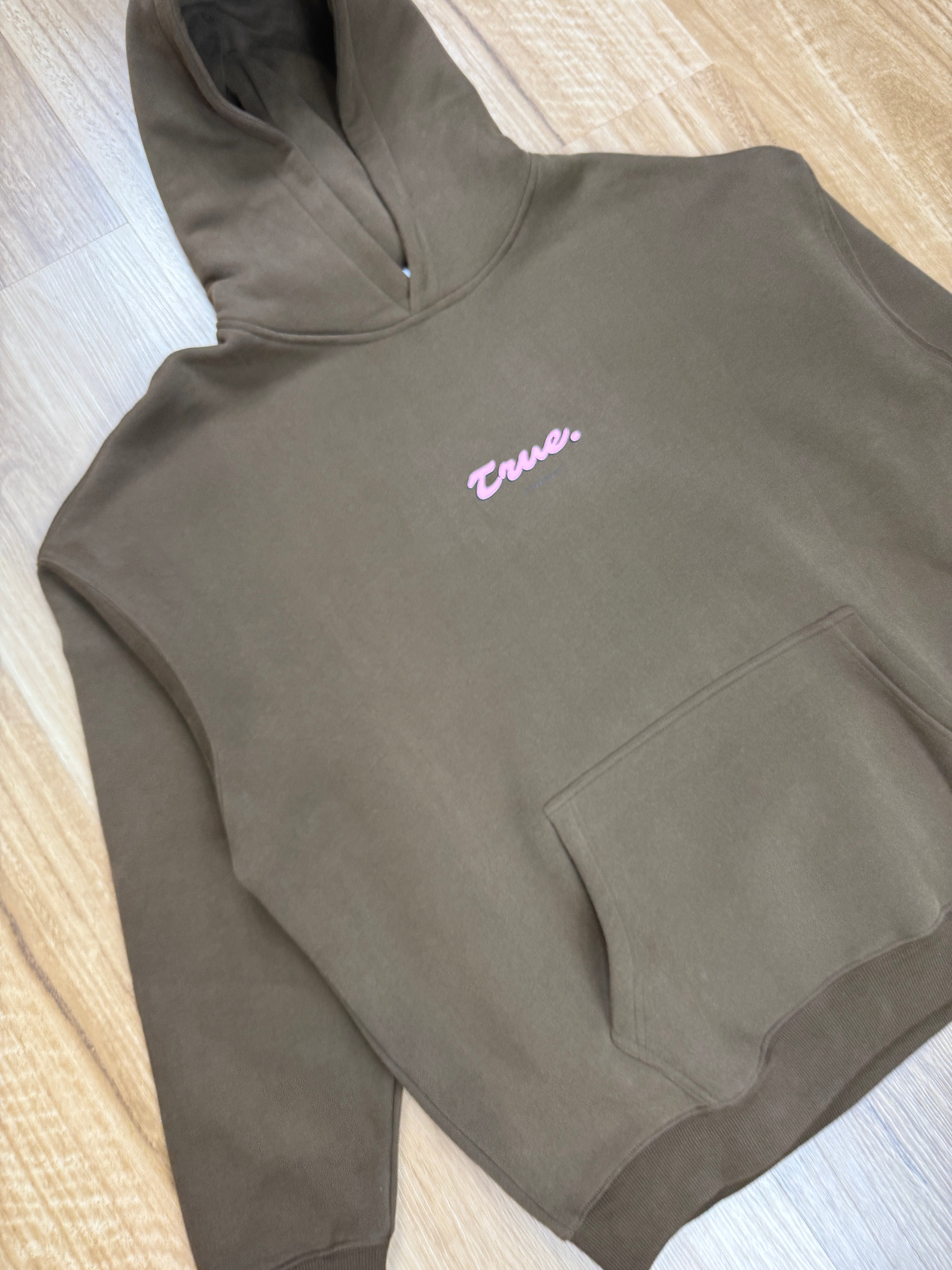 Oversized Coffee Fleece Unisex Hoodie with Bright Pink True. Streetwear Design